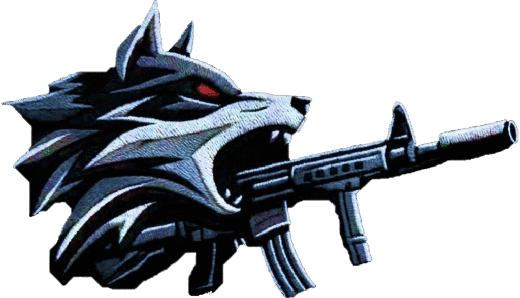 Wolf nach recht schauend, unter ihm eine AR15